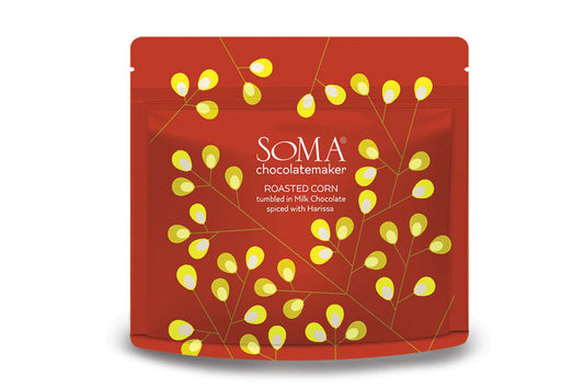 Soma Roasted Corn tumbled in Milk Chocolate spiced with Harissa