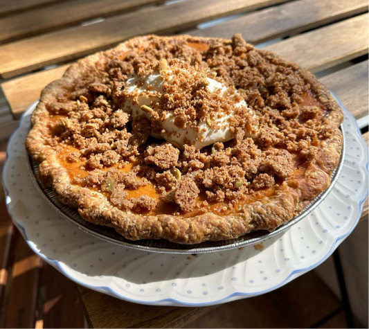 Buttermilk Pumpkin Pie with Pepita Streusel & Mascarpone